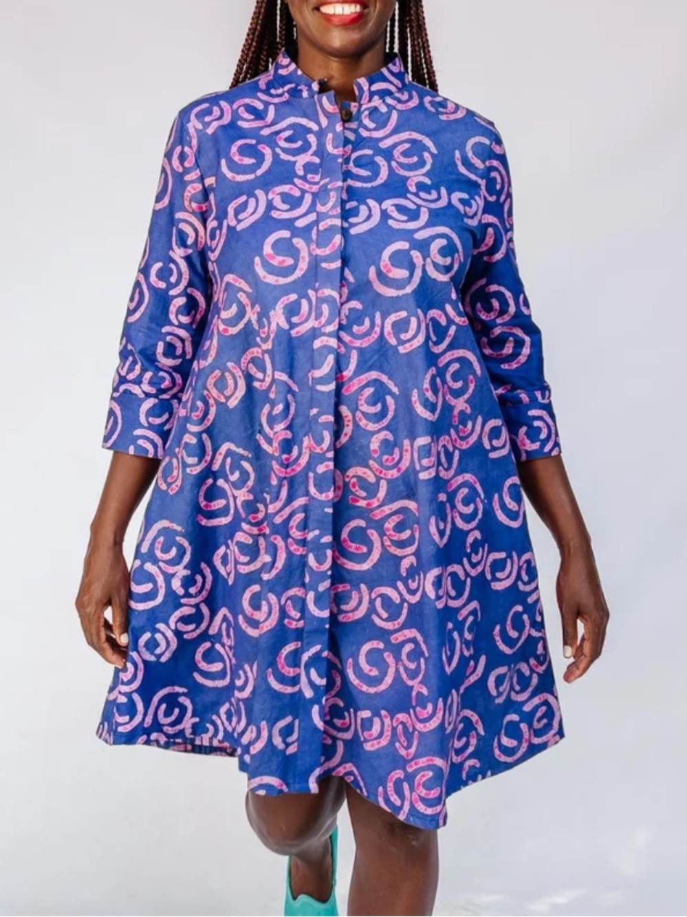 Zuri Ringtone Hand Block Batik Print Midi Dress Blue Pink Cotton Button Front-L